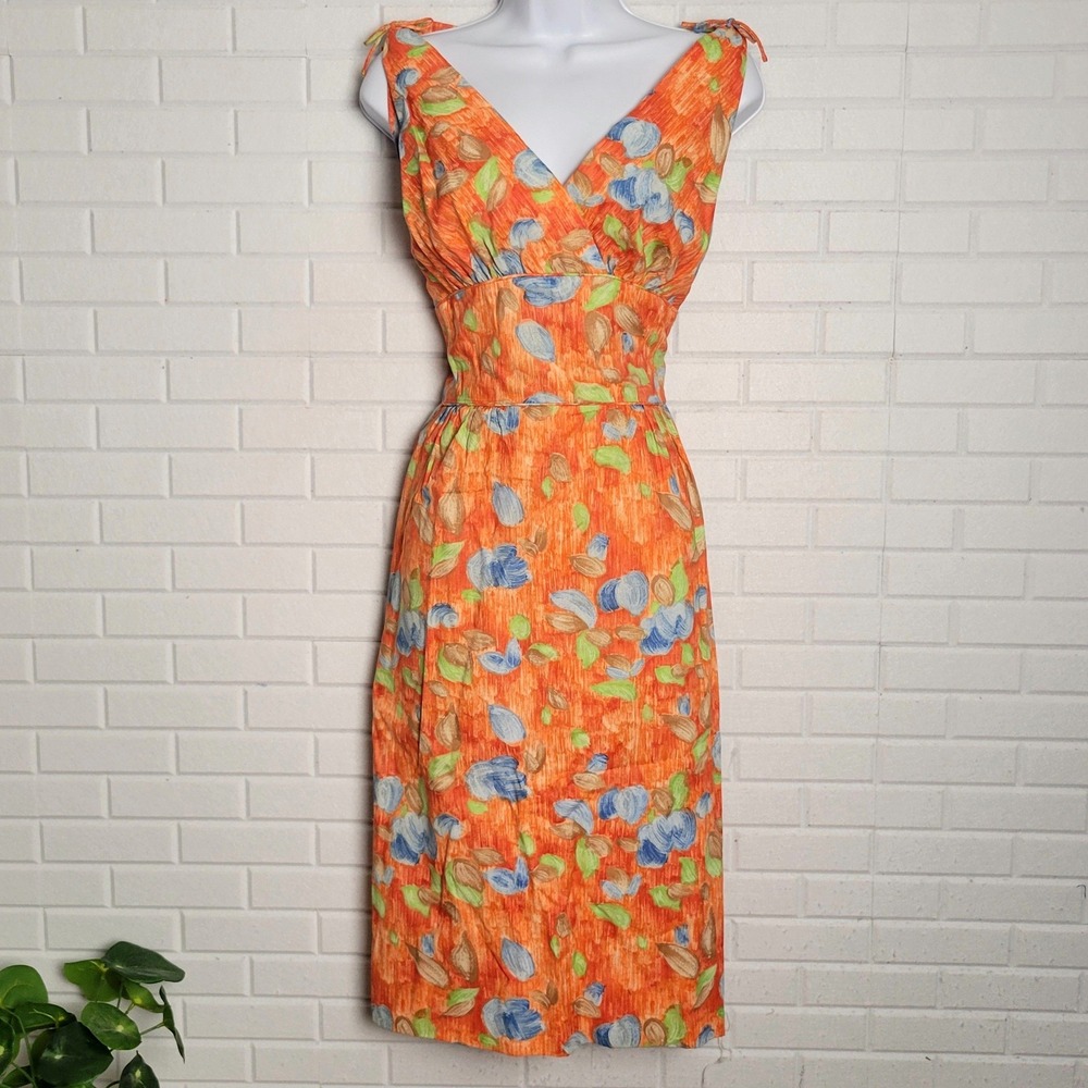 Vintage 1950s Hannah Troy Sleeveless Wiggle Dress Sz S Floral Cotton Bombshell